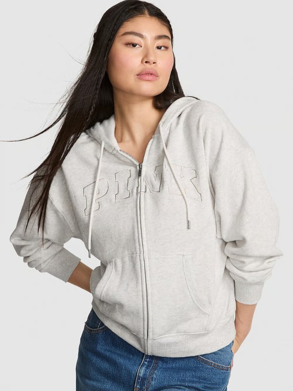 VS PINK Ivy Fleece Campus Full-Zip Hoodie, VS Snow Heather - SIZE 2X - NWT - Picture 5 of 7